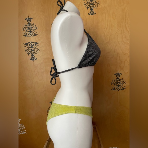 Vintage 2000s Y2K Sparkly Black & Yellow String Bikini Set Brazilian Bottoms S/M - Picture 3 of 13